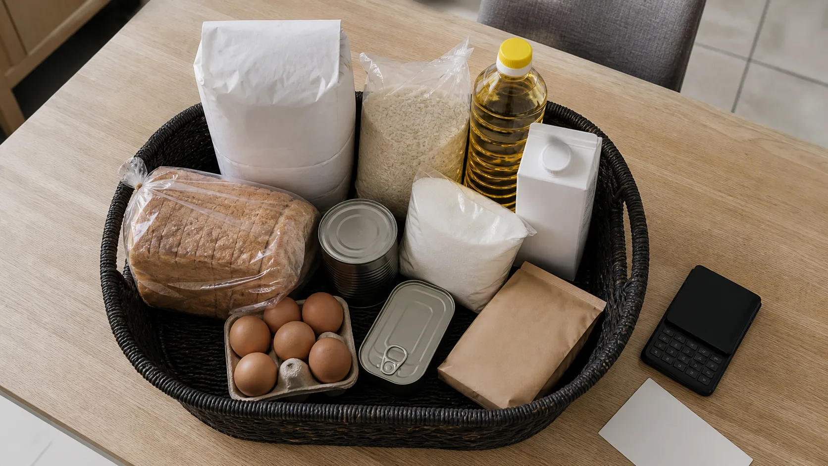 Ten unbranded everyday groceries arranged in a dark woven basket beside a calculator.