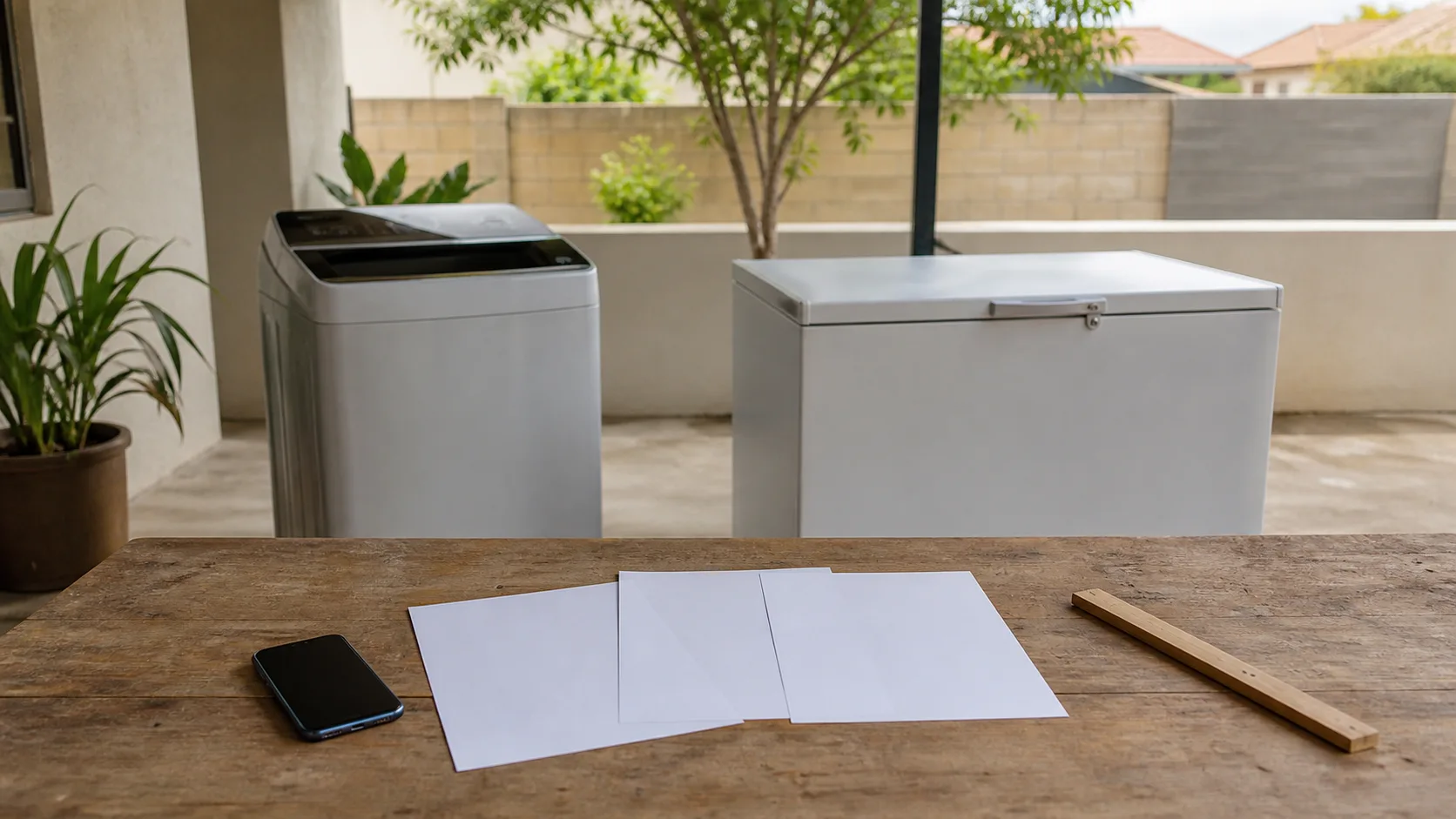 An unbranded phone, washing machine and chest freezer arranged for a catalogue comparison.