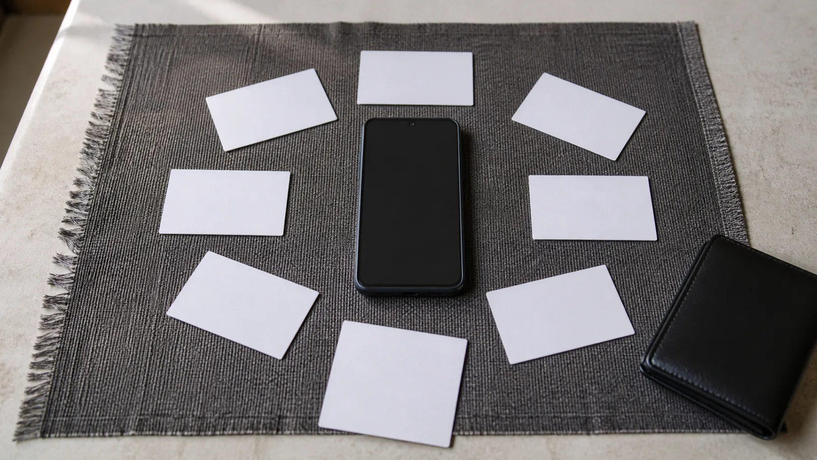 One unbranded smartphone surrounded by eight blank comparison cards and a closed wallet.