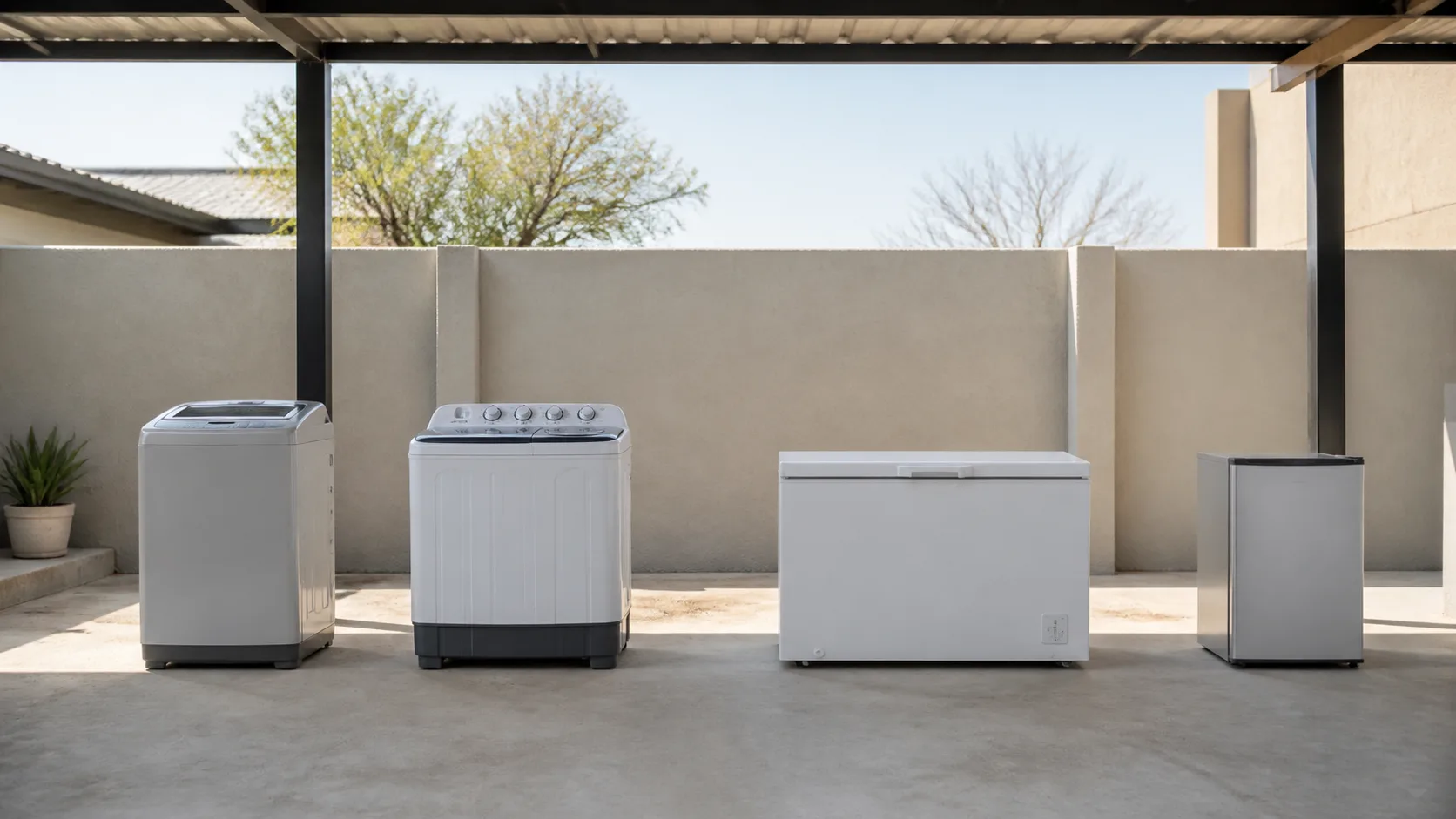Four unbranded household appliances arranged in pairs on a covered Gaborone patio.