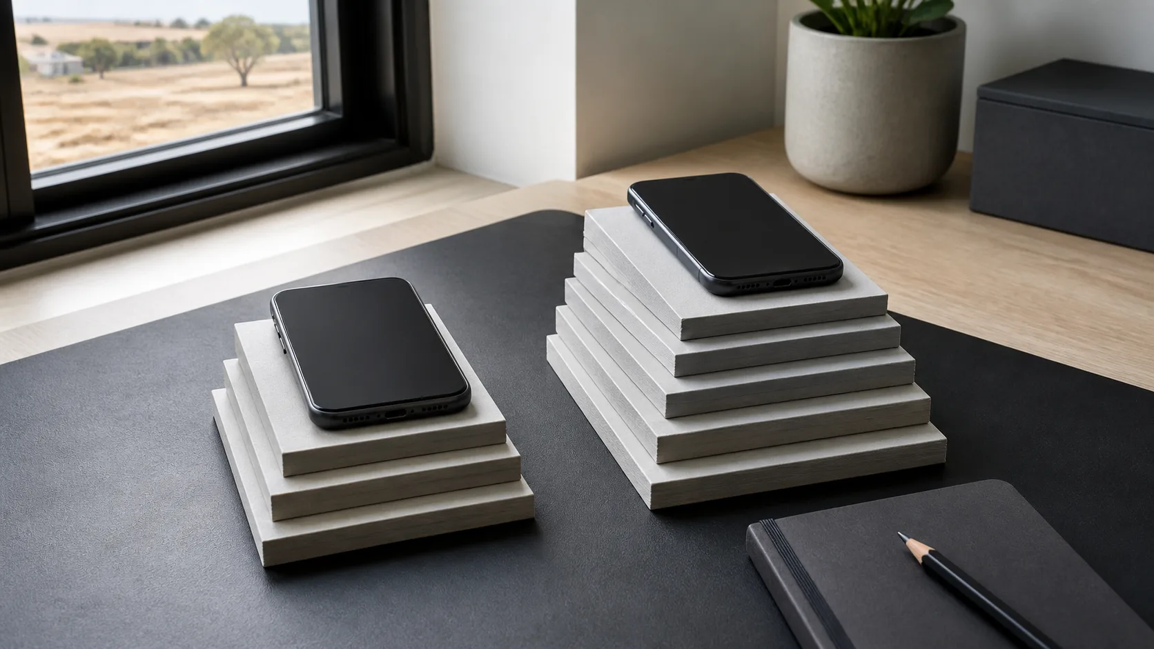 Two unbranded smartphones on paper steps of different heights beside a closed notebook.
