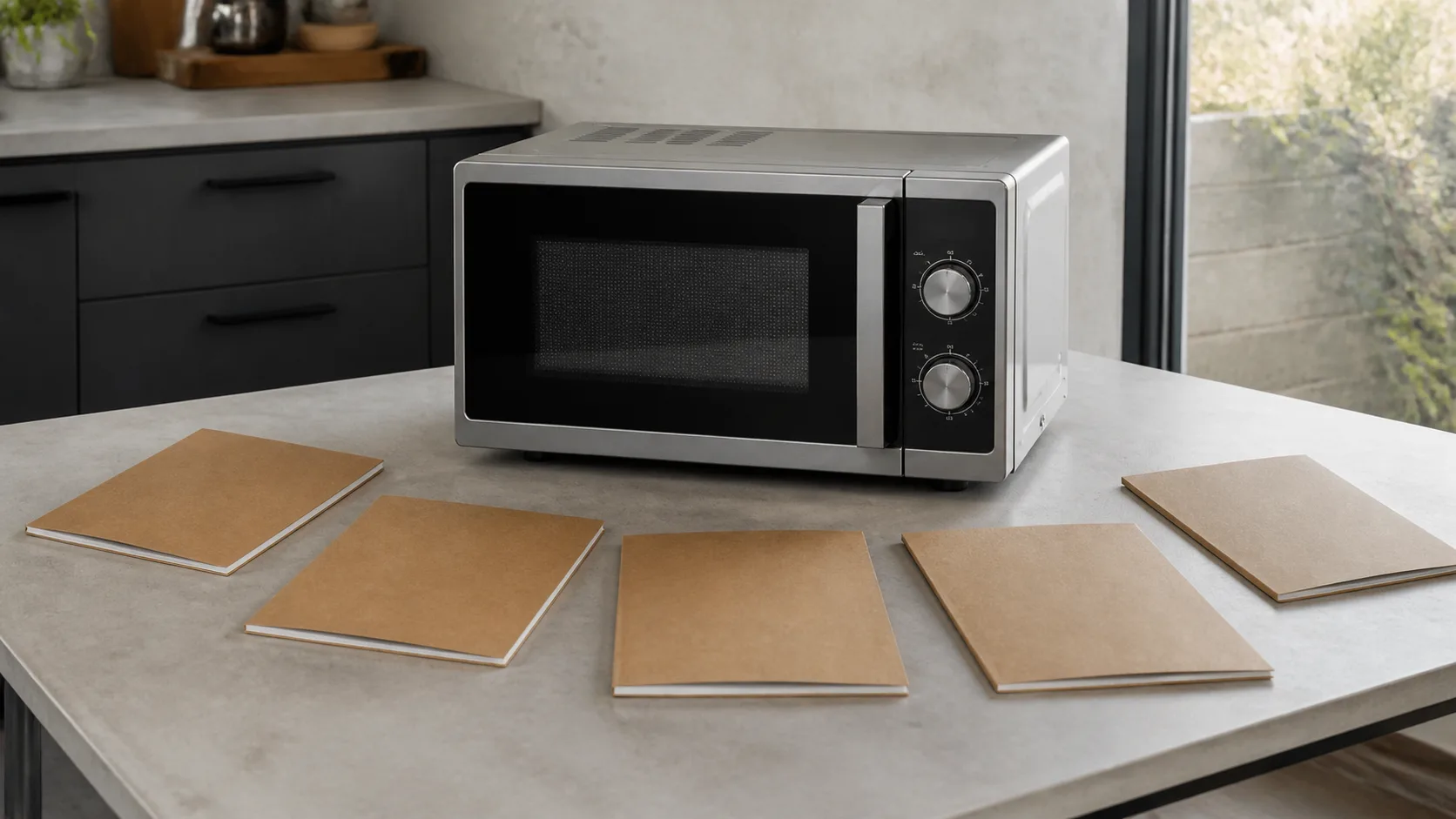 An unbranded countertop microwave surrounded by five plain catalogue folders.