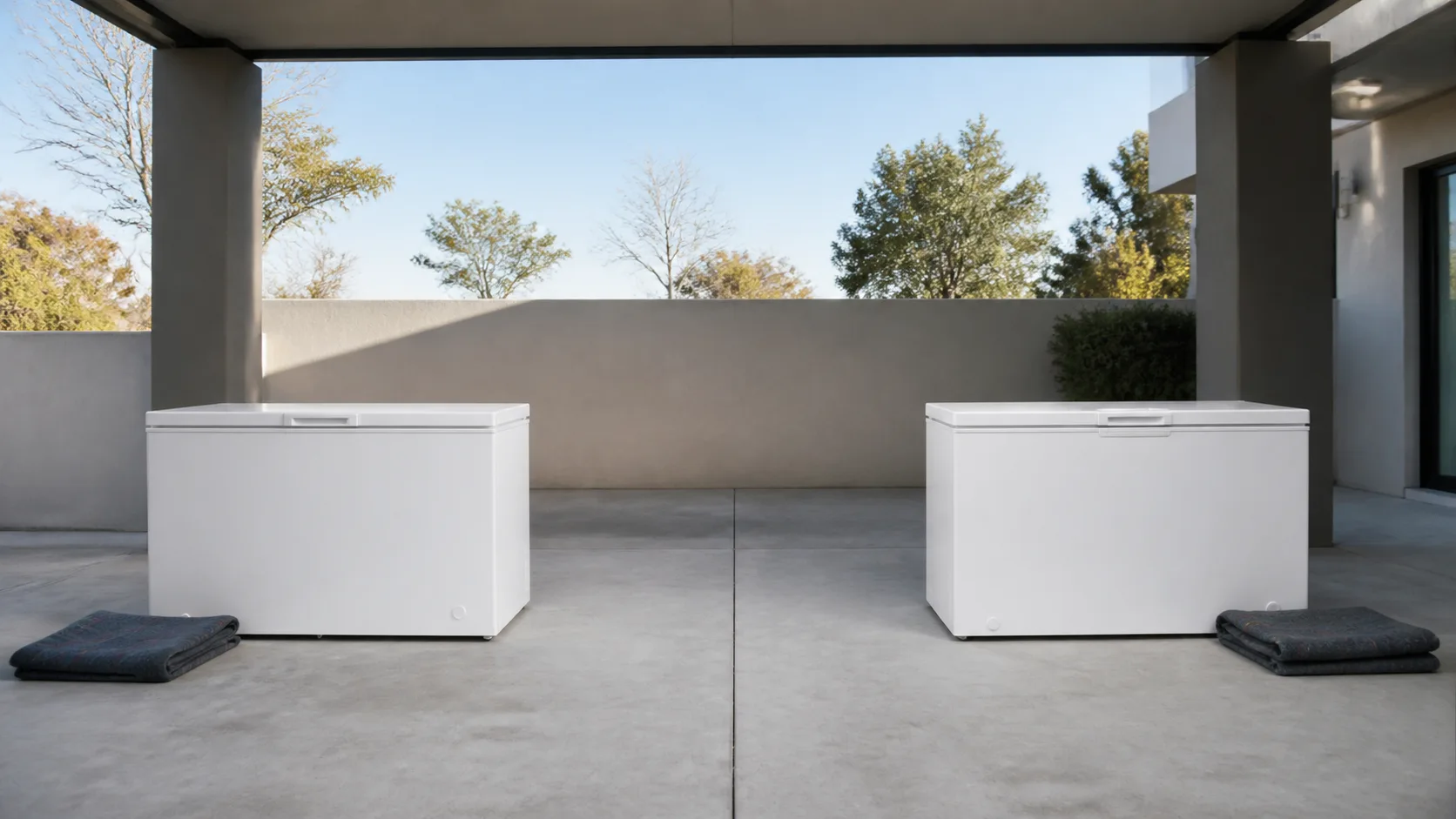 Two identical unbranded chest freezers separated across a covered Gaborone patio.