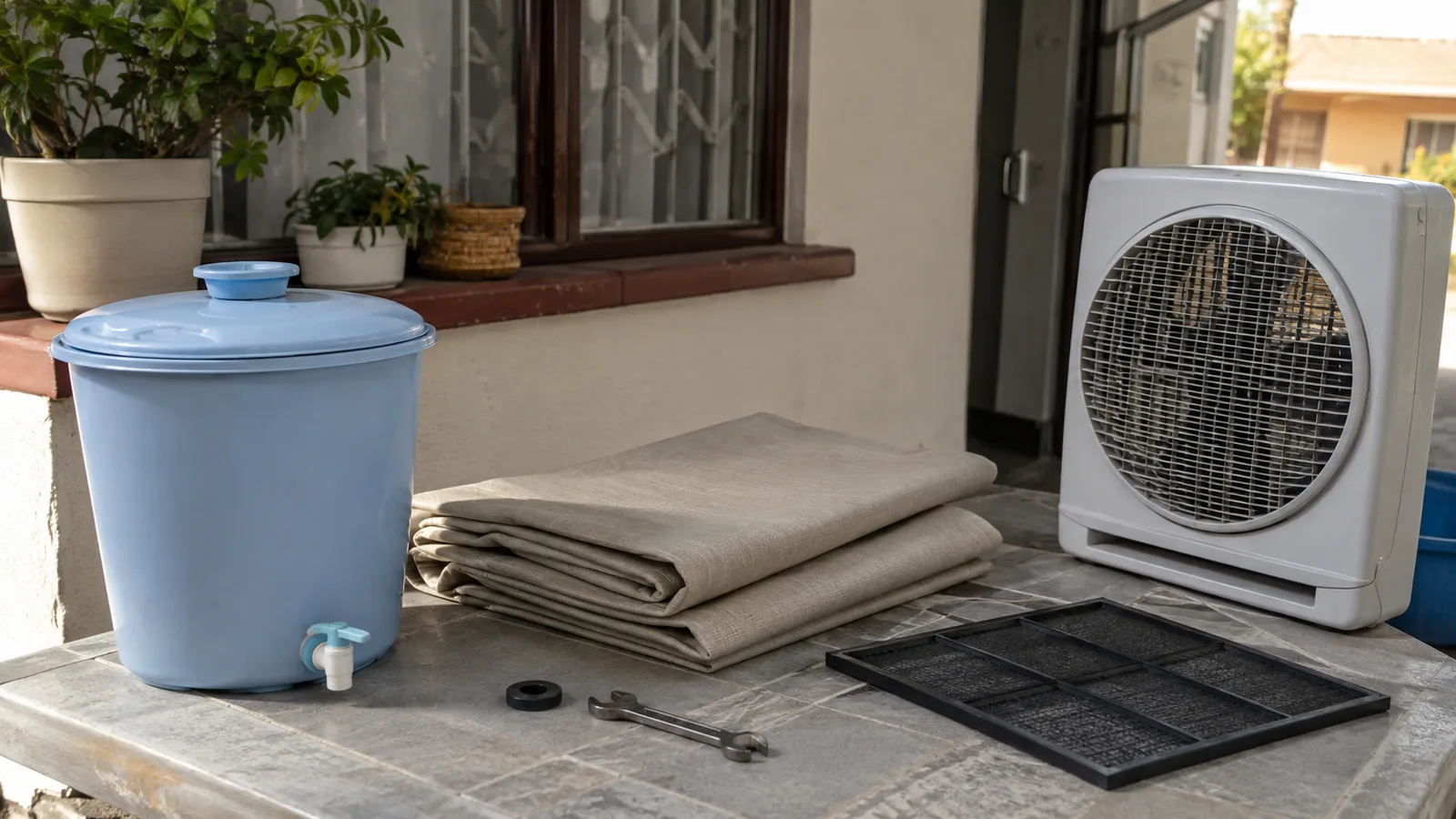 Covered water, a tap washer, folded shade and cooling-fan filter prepared for pre-spring maintenance at a Gaborone home.