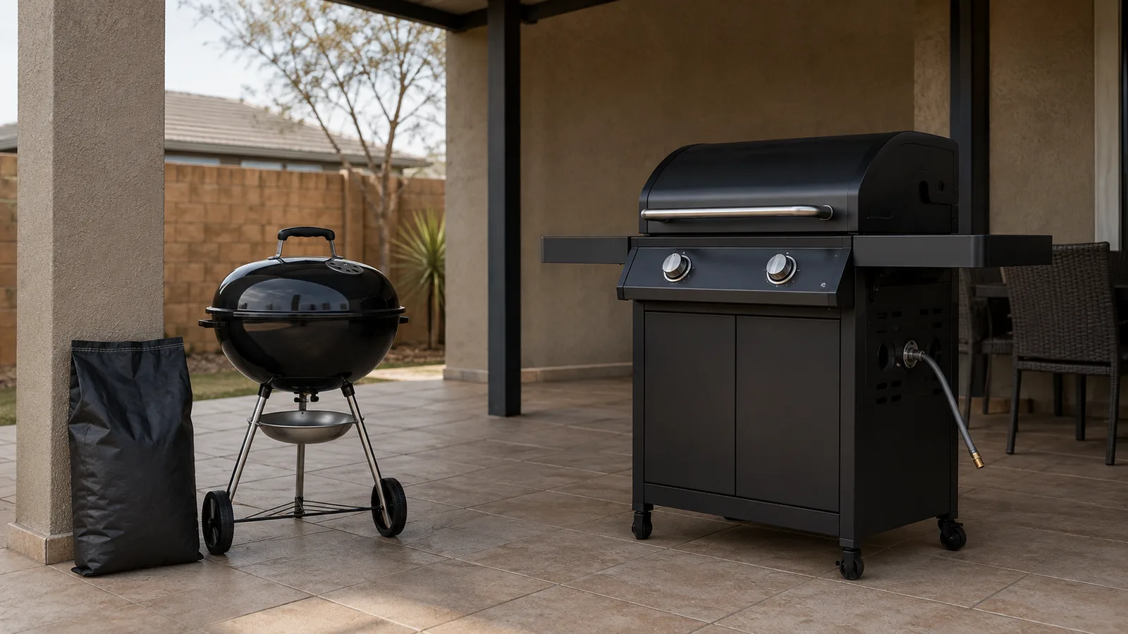 A small charcoal braai and larger unconnected gas braai sit unused on a contemporary Gaborone patio, with a sealed charcoal bag nearby.
