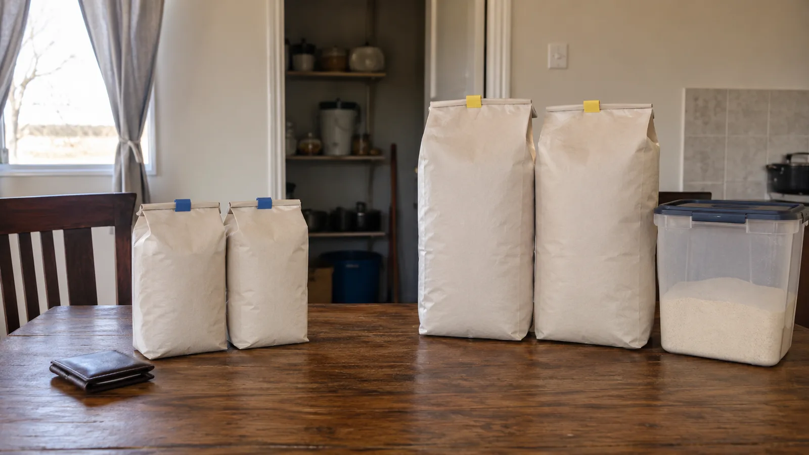 Two pairs of unbranded maize-meal bags in 5kg and 12.5kg scales sit with a wallet and storage container on a Botswana table.